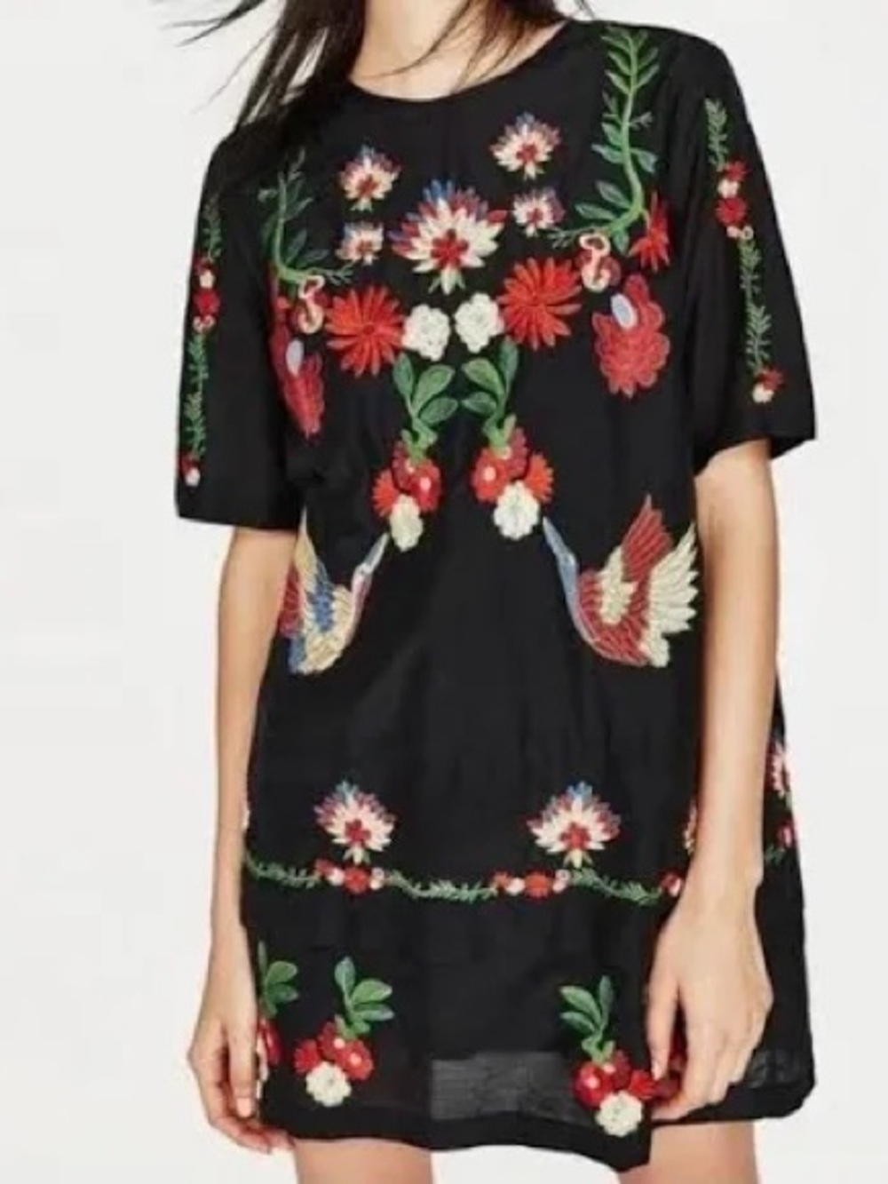 Zara Black Mini Dress with Multicolor Floral & Bird Embroidery